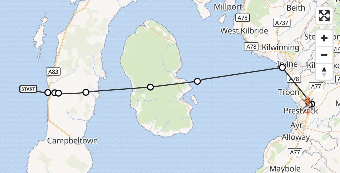 Flight route Coastguard Helicopter Inner Seas - Glasgow Prestwick Airport, 04 September 2026, 13:41