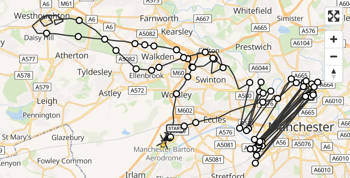 Flight route Police Helicopter Worsley - Manchester Barton Aerodrome, 04 September 2026, 13:52