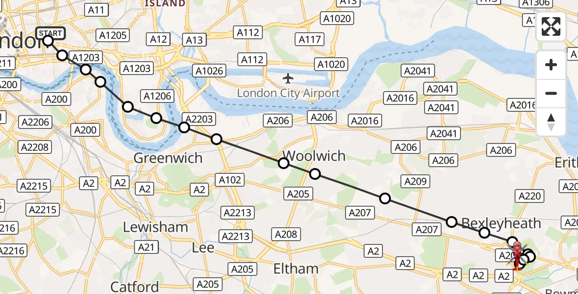Flight route Air Ambulance Helicopter Royal London Hospital - Bexley, 04 September 2026, 13:58
