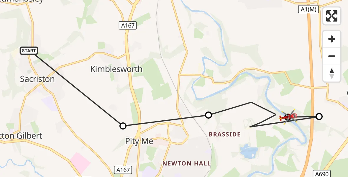 Flight route Air Ambulance Helicopter Sacriston - Framwellgate Moor, 04 September 2026, 13:58