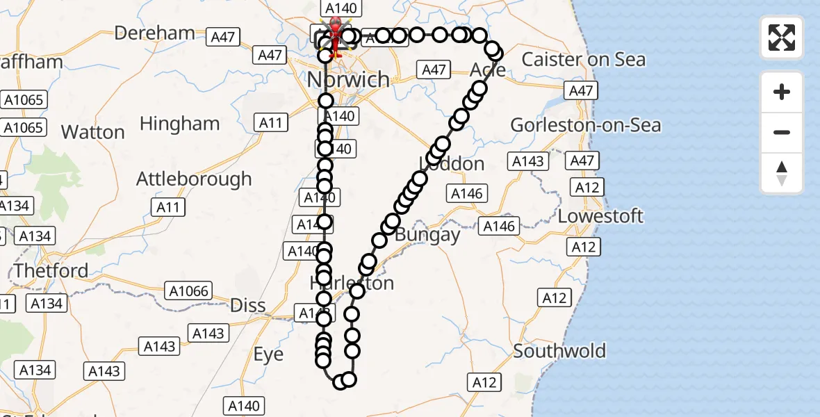 Flight route Air Ambulance Helicopter Norwich Airport - Norwich Airport, 04 September 2026, 14:17