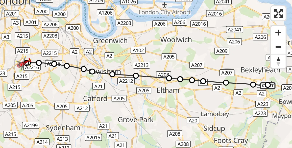 Flight route Air Ambulance Helicopter Barnehurst - Kings College London Hospital, 04 September 2026, 14:27
