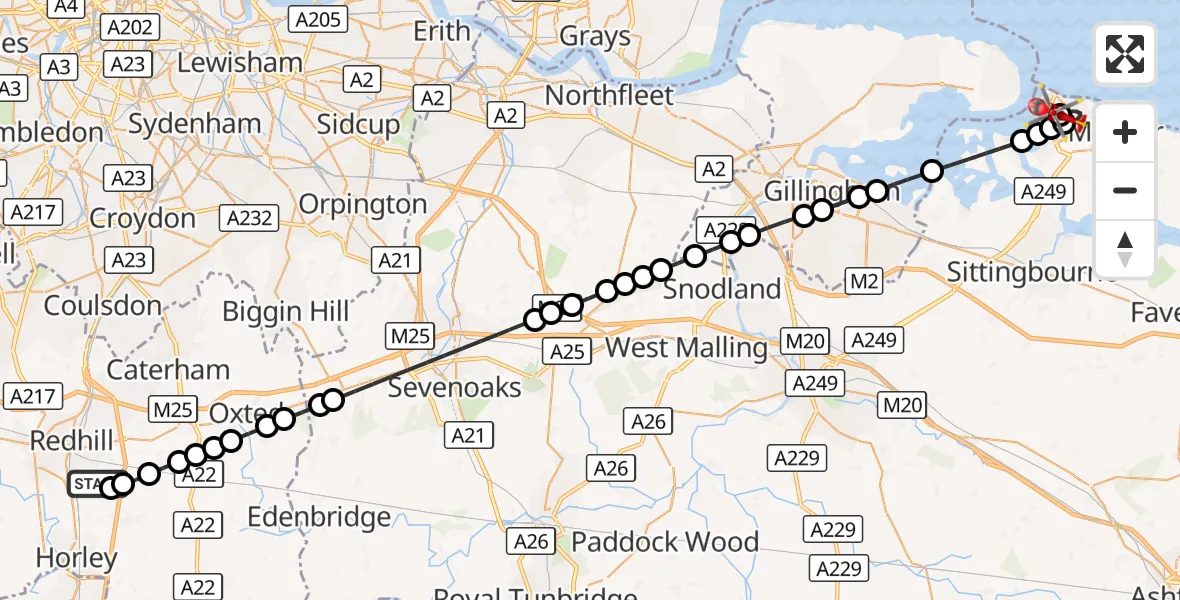 Flight route Air Ambulance Helicopter Redhill Aerodrome - Sheerness, 04 September 2026, 14:28