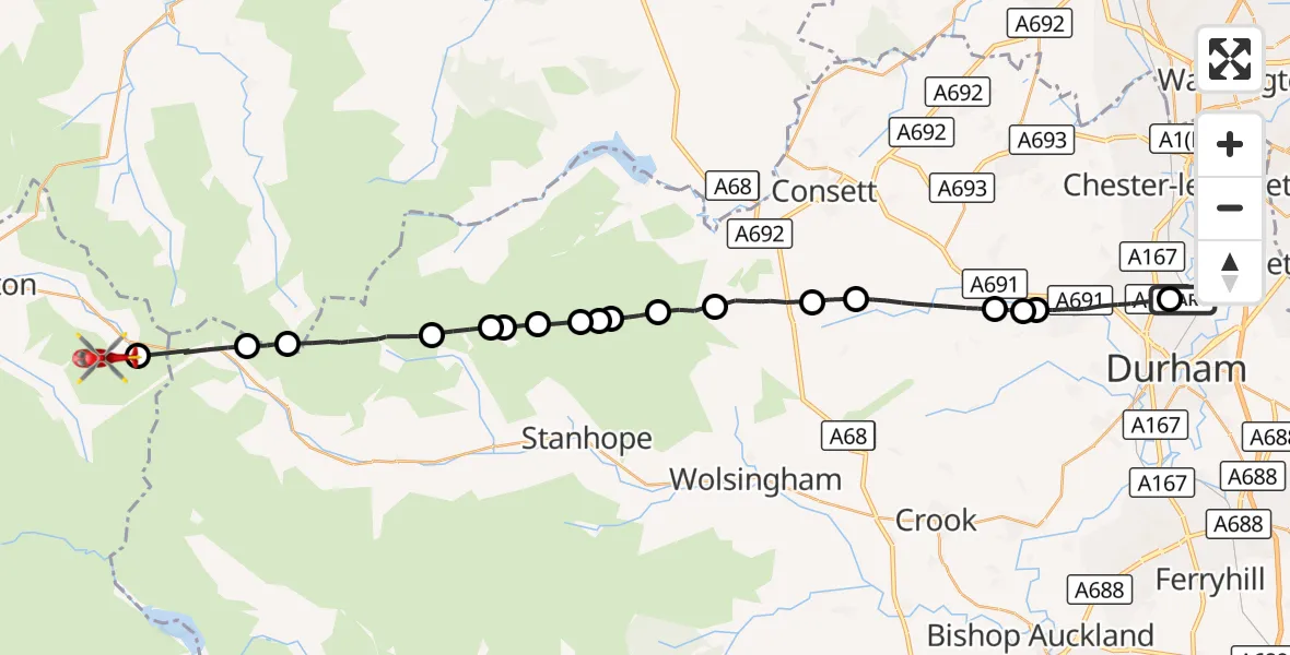Flight route Air Ambulance Helicopter Pity Me - Nenthead, 04 September 2026, 14:36
