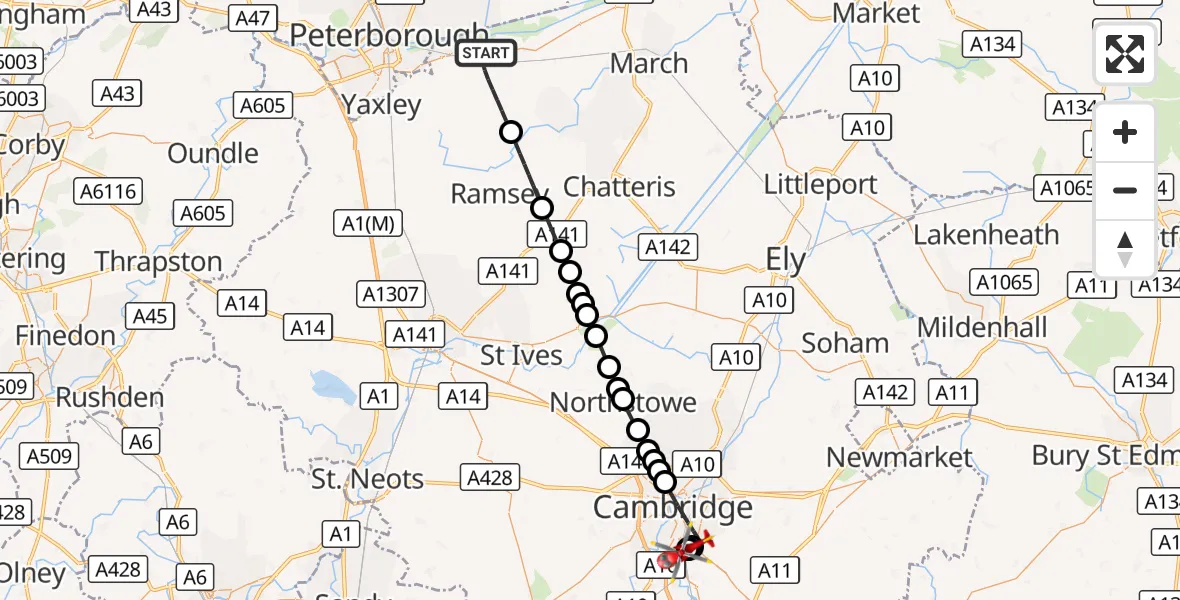 Flight route Air Ambulance Helicopter Whittlesey - Papworth Hospital, 04 September 2026, 14:50