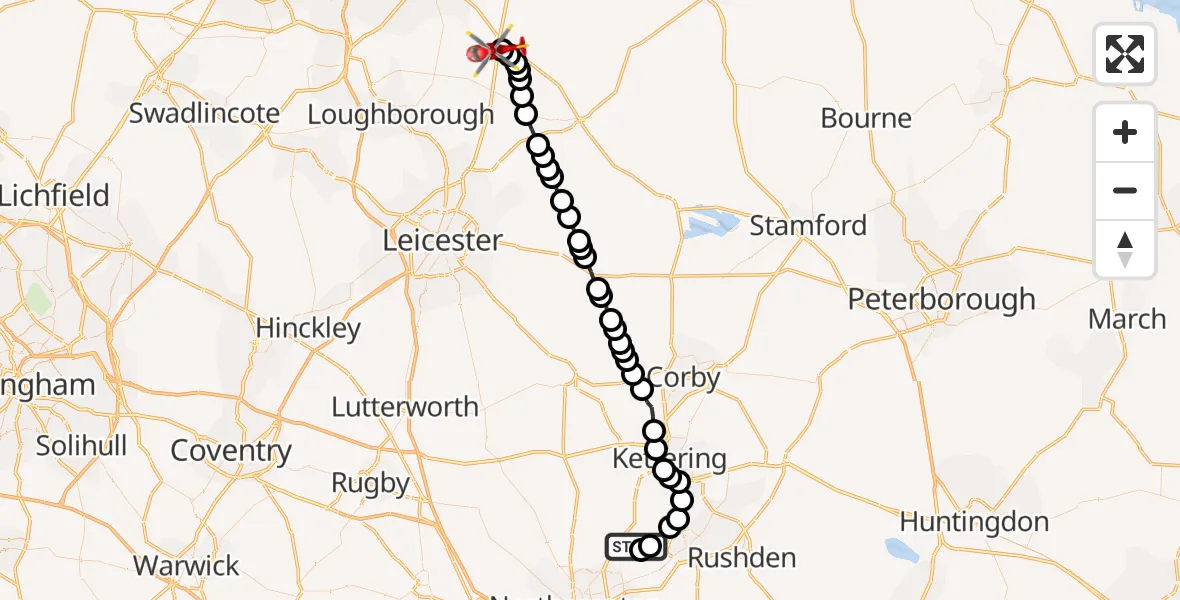 Flight route Air Ambulance Helicopter Sywell Aerodrome - Nottingham Heliport, 04 September 2026, 14:59