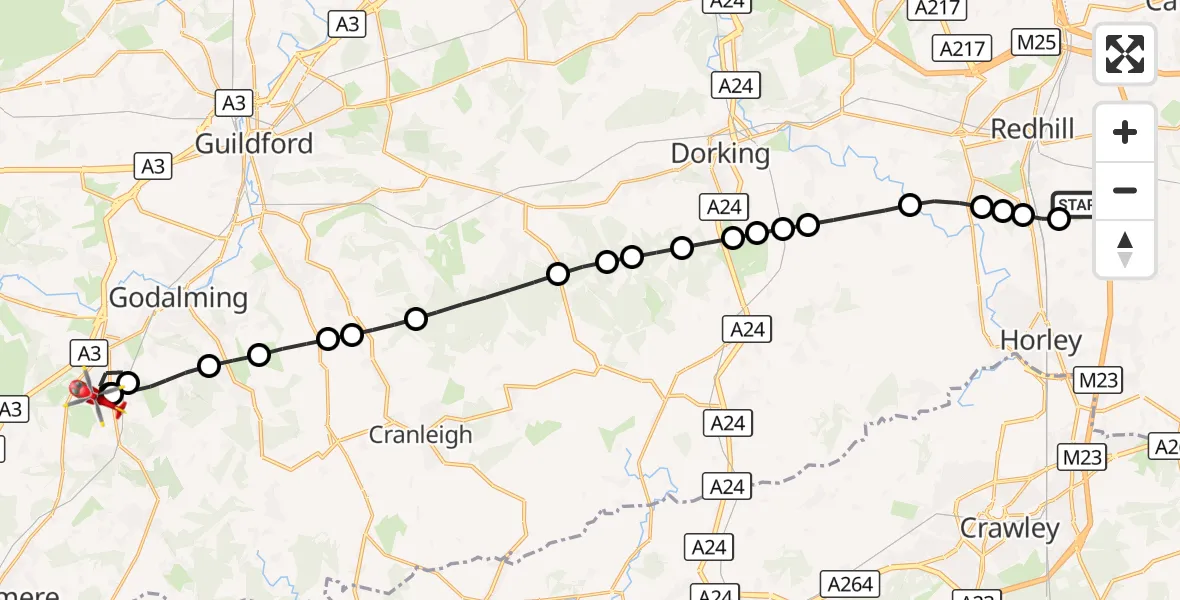 Flight route Air Ambulance Helicopter Redhill Aerodrome - Wheelerstreet, 04 September 2026, 15:02