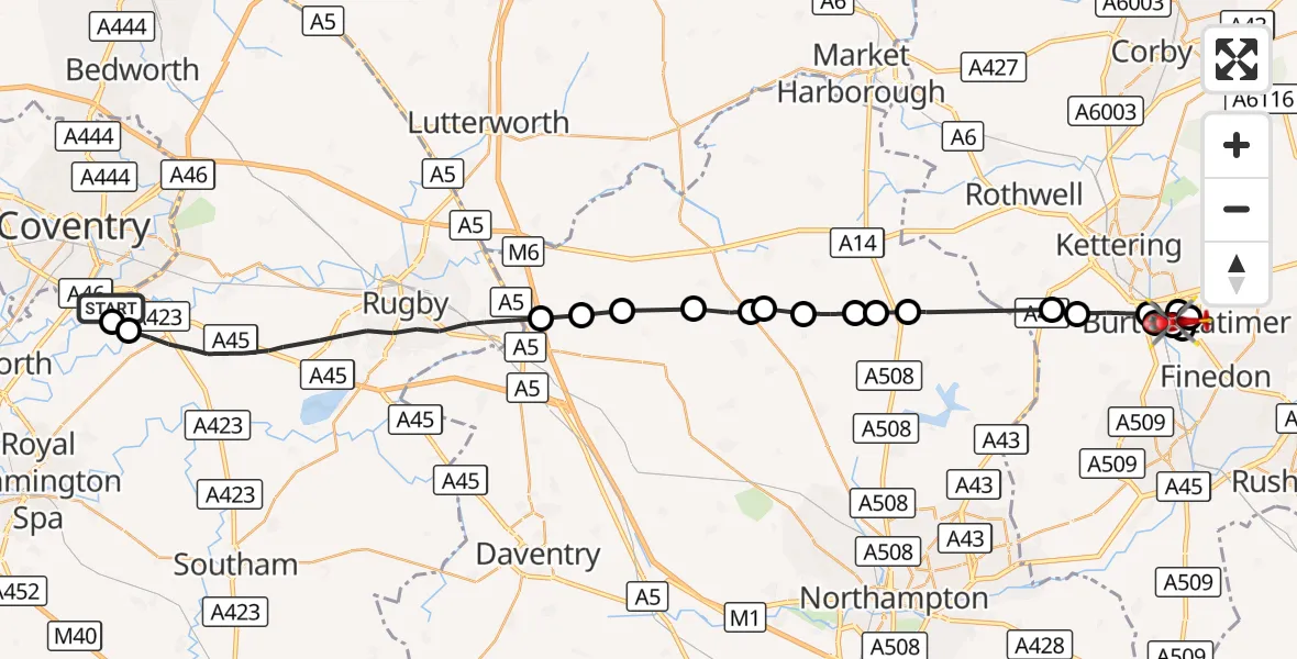 Flight route Air Ambulance Helicopter Coventry Airport - Kettering, 04 September 2026, 15:26