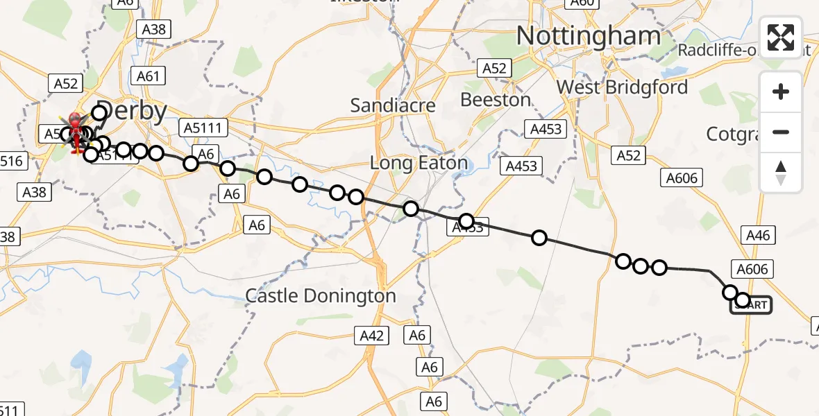 Flight route Air Ambulance Helicopter Nottingham Heliport - Royal Derby Trauma Unit, 04 September 2026, 15:33