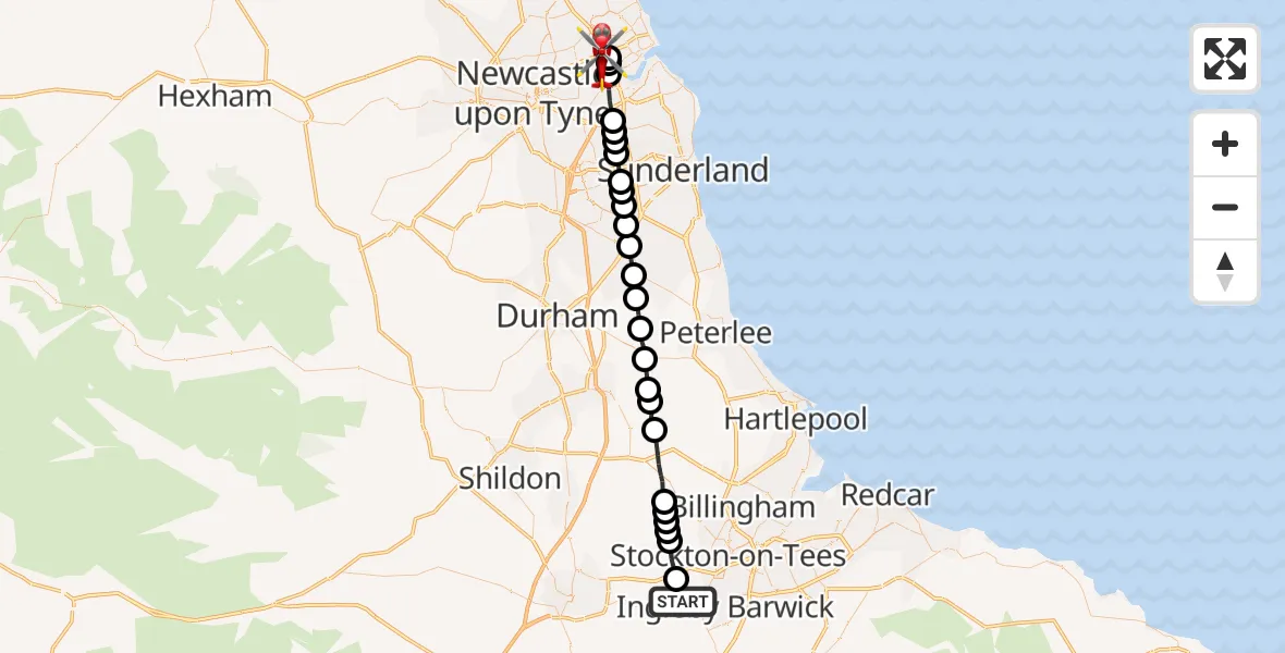 Flight route Air Ambulance Helicopter Egglescliffe - Wallsend, 04 September 2026, 15:39