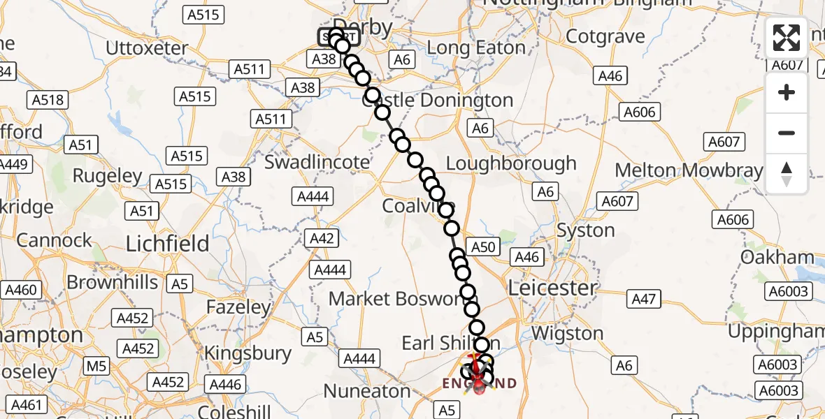 Flight route Air Ambulance Helicopter Royal Derby Trauma Unit - Sapcote, 04 September 2026, 15:49