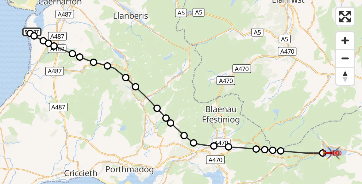 Flight route Air Ambulance Helicopter Caernarfon Airport - Llanycil, 04 September 2026, 15:58