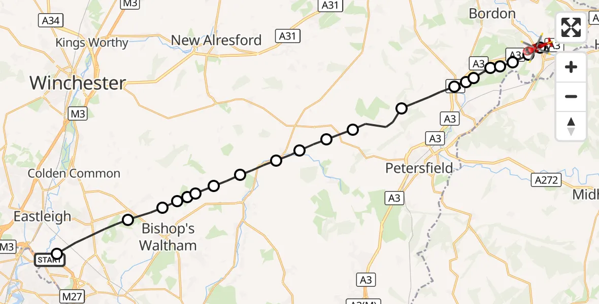 Flight route Air Ambulance Helicopter Hedge End - Bramshott, 04 September 2026, 15:58