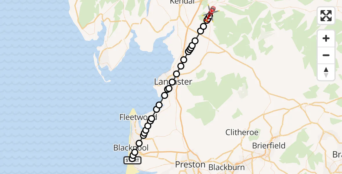 Flight route Air Ambulance Helicopter Blackpool Airport - Middleton, 04 September 2026, 16:06