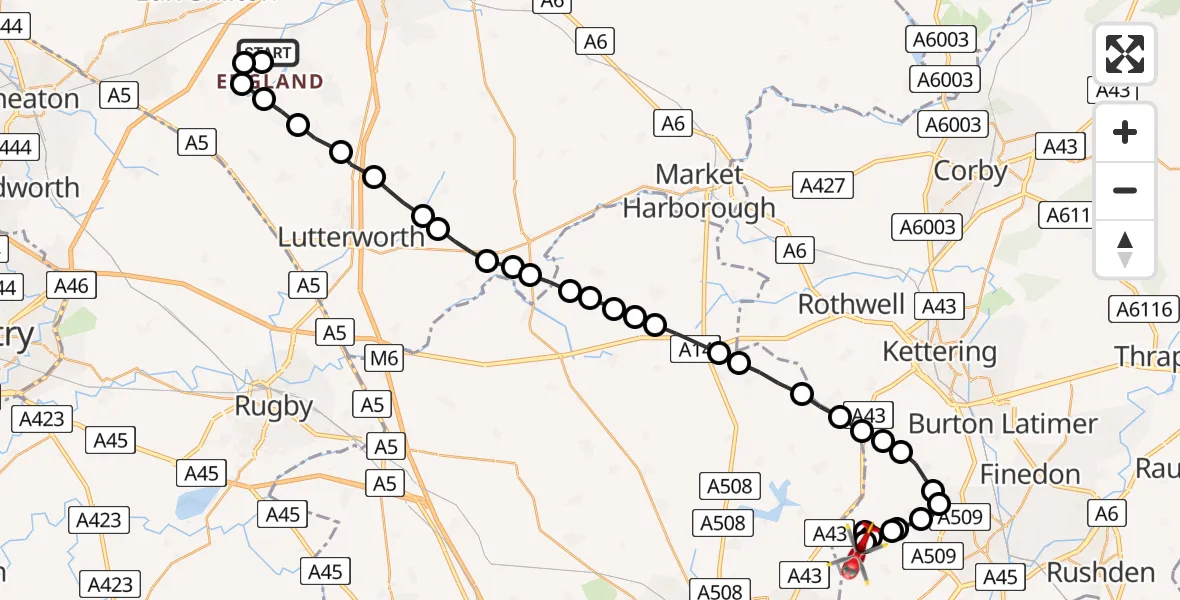 Flight route Air Ambulance Helicopter Stoney Stanton - Sywell Aerodrome, 04 September 2026, 16:07