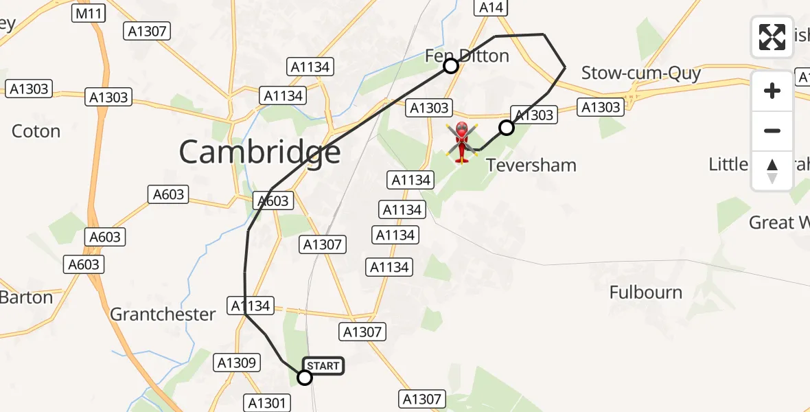 Flight route Air Ambulance Helicopter Papworth Hospital - Cambridge City Airport, 04 September 2026, 16:13