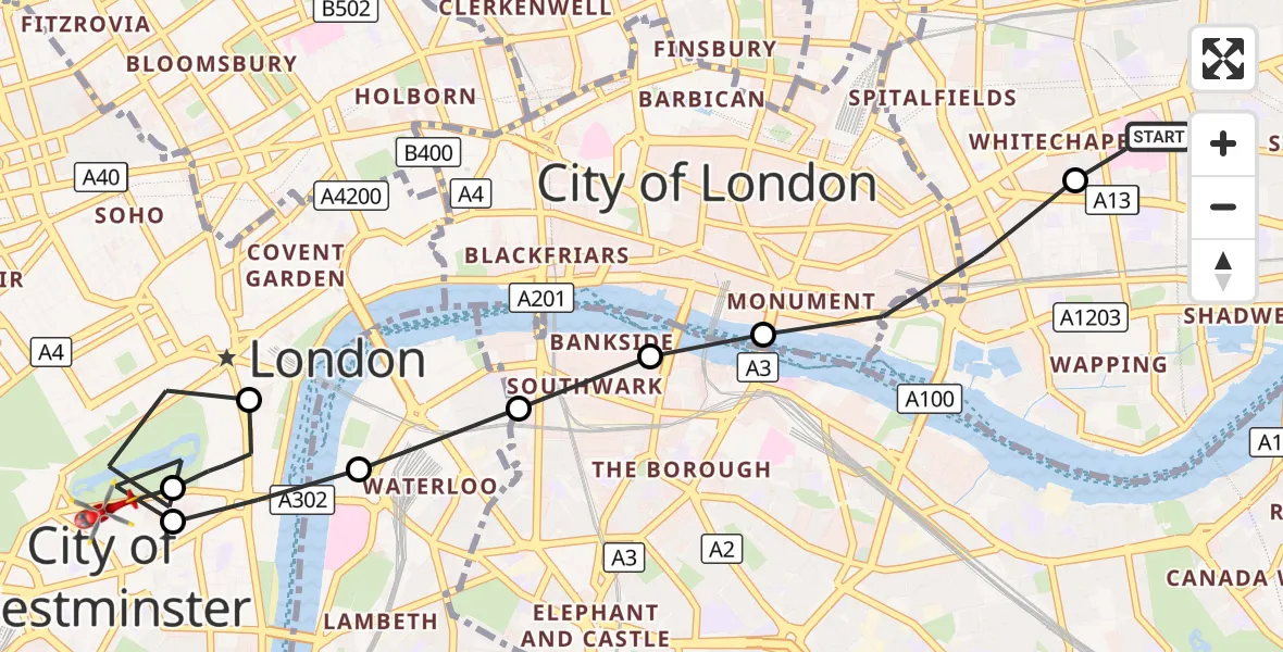 Flight route Air Ambulance Helicopter Royal London Hospital - City of Westminster, 04 September 2026, 16:16