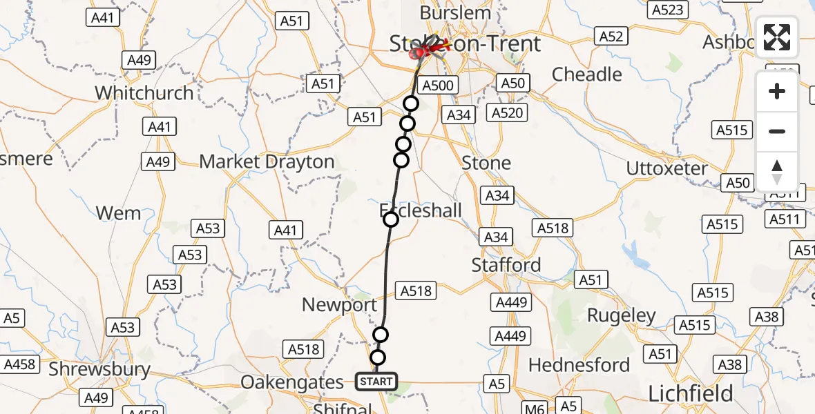 Flight route Air Ambulance Helicopter Sheriffhales - Newcastle-under-Lyme, 04 September 2026, 16:18