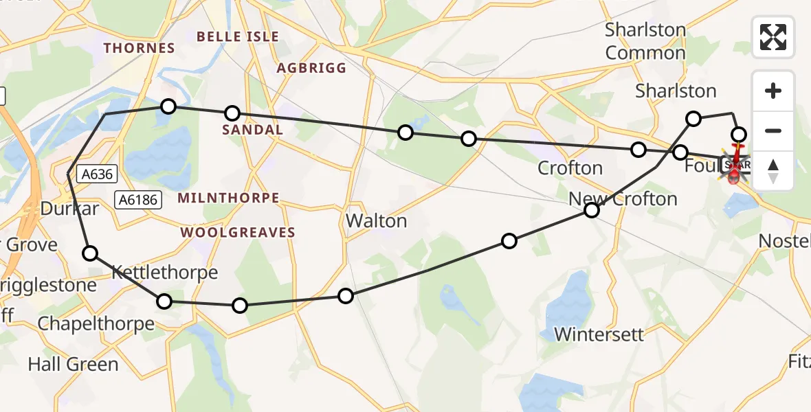 Flight route Air Ambulance Helicopter YAA Nostell Helicopter Port - YAA Nostell Helicopter Port, 04 September 2026, 16:27