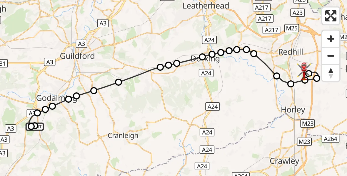 Flight route Air Ambulance Helicopter Cramhurst - Redhill Aerodrome, 04 September 2026, 16:33