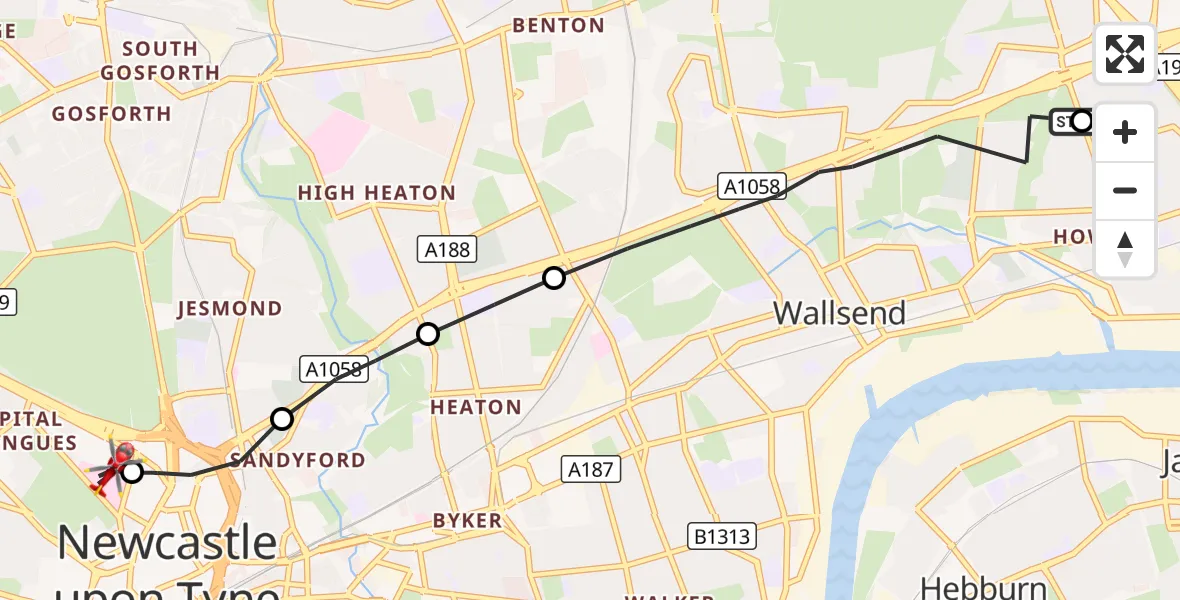 Flight route Air Ambulance Helicopter Wallsend - Newcastle Royal Victoria Infirmary, 04 September 2026, 16:40
