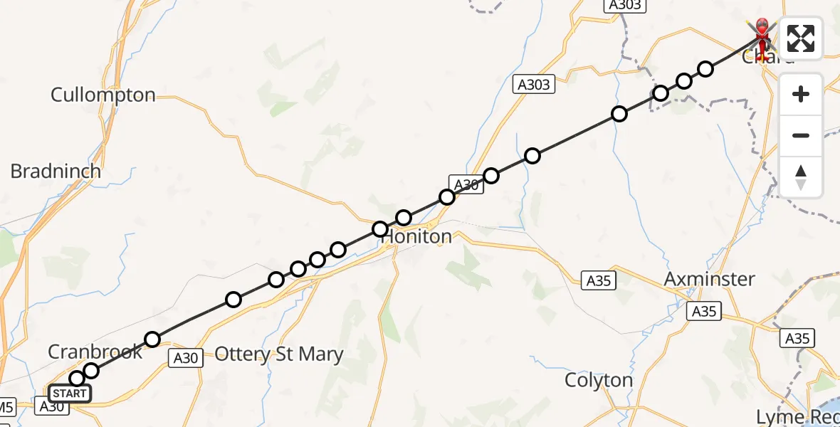 Flight route Air Ambulance Helicopter Exeter International Airport - Chard, 04 September 2026, 16:53