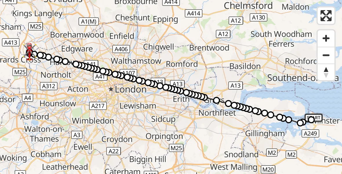 Flight route Air Ambulance Helicopter Sheerness - Harefield Hospital, 04 September 2026, 16:56