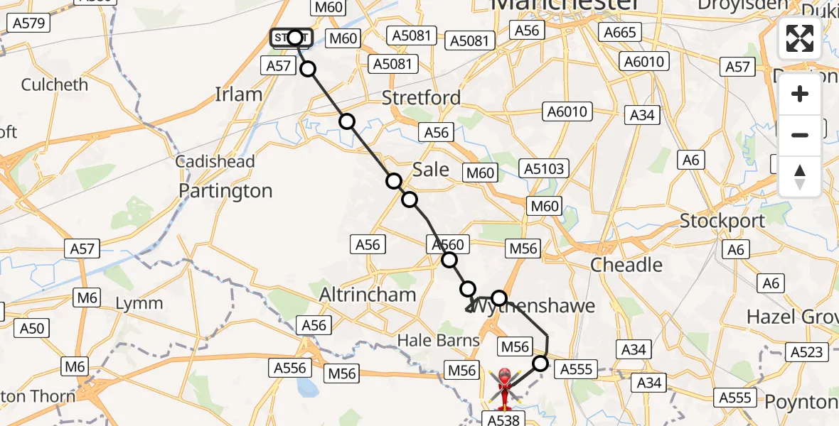 Flight route Air Ambulance Helicopter Manchester Barton Aerodrome - Manchester Airport, 04 September 2026, 17:00