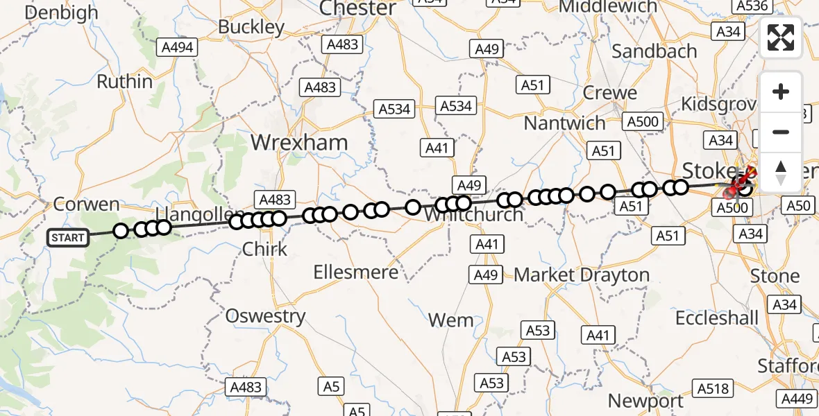 Flight route Air Ambulance Helicopter Cynwyd - University Hospital North Staffs, 04 September 2026, 17:02