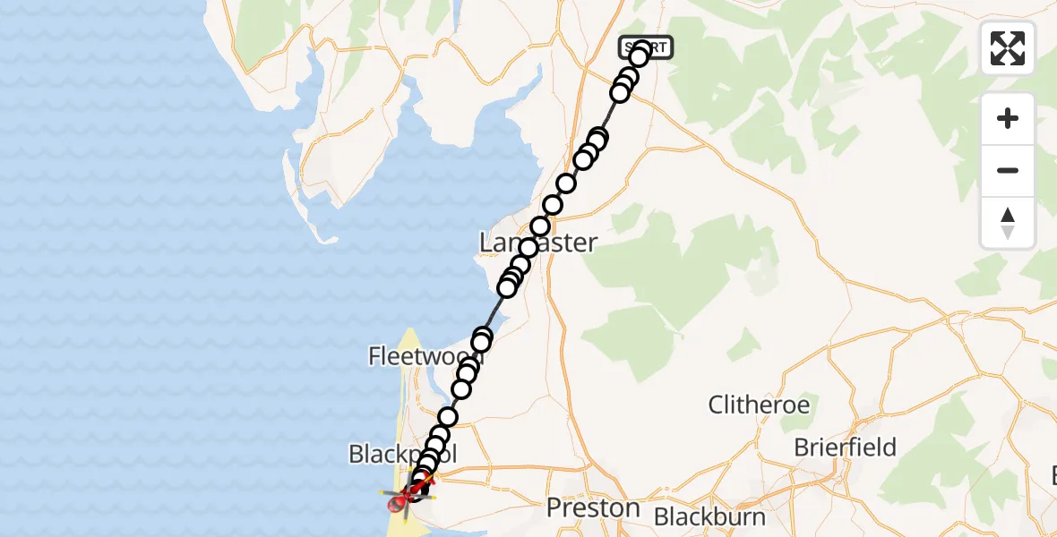 Flight route Air Ambulance Helicopter Middleton - Blackpool Airport, 04 September 2026, 17:05