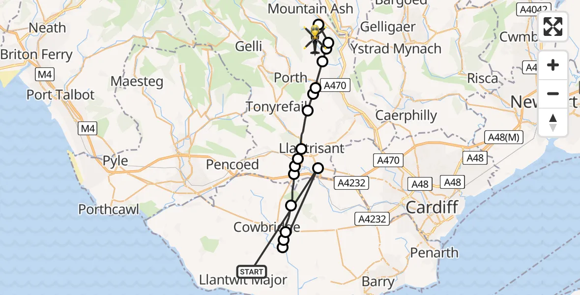 Flight route Police Helicopter Llanmaes - Ynysybwl, 04 September 2026, 17:11