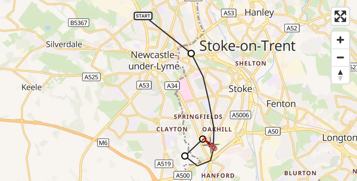 Flight route Air Ambulance Helicopter Newcastle-under-Lyme - Stoke, 04 September 2026, 17:21