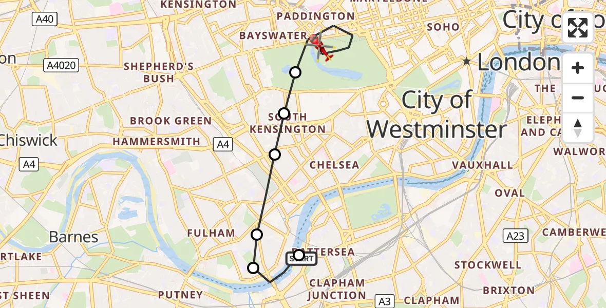 Flight route Air Ambulance Helicopter London Heliport - City of Westminster, 04 September 2026, 17:25