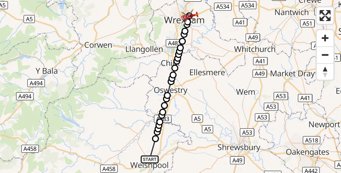 Flight route Air Ambulance Helicopter Guilsfield - Pandy, 04 September 2026, 17:24