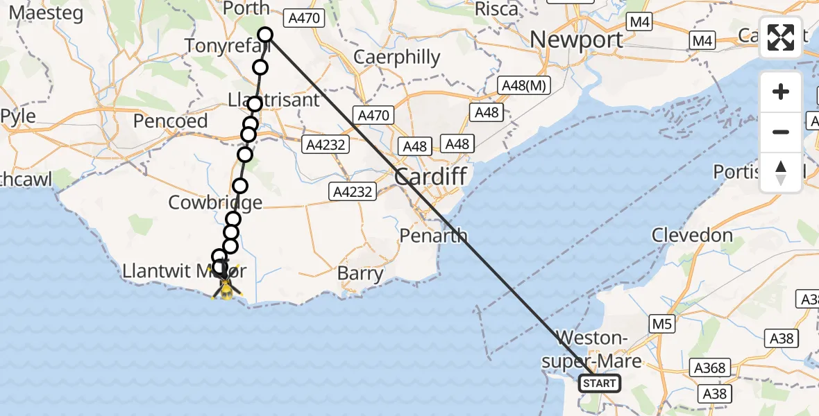 Flight route Police Helicopter Weston General Hospital - MOD St Athan, 04 September 2026, 17:25