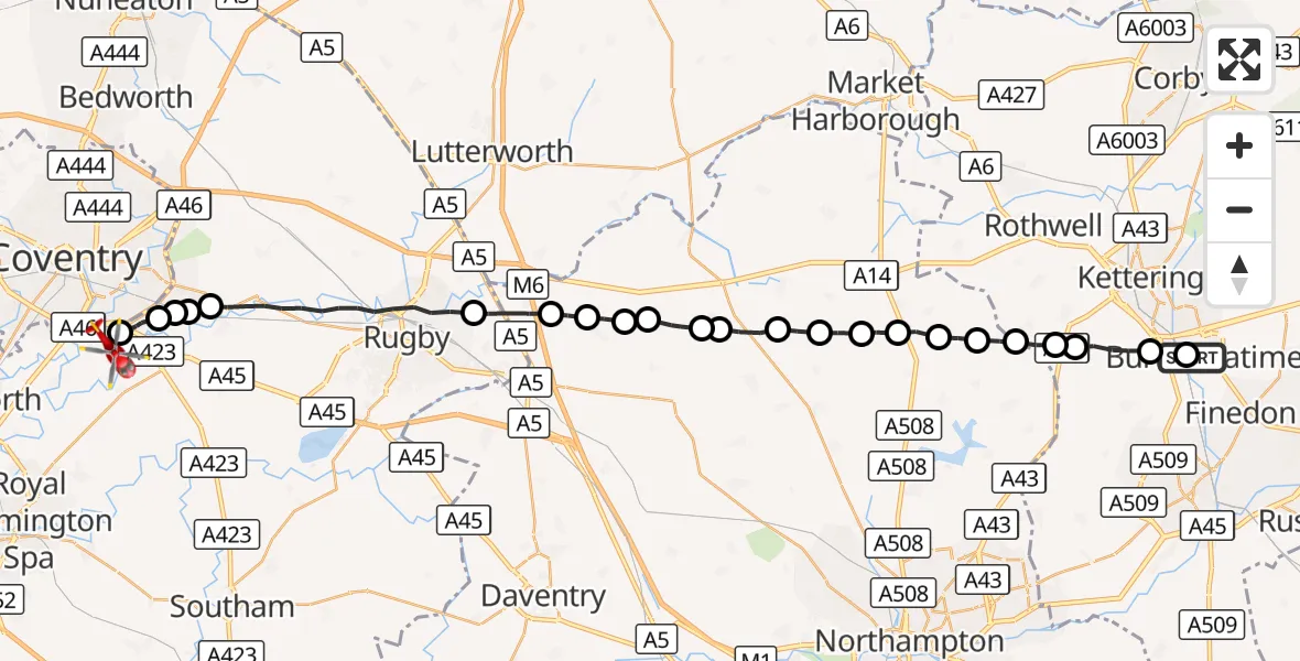 Flight route Air Ambulance Helicopter Burton Latimer - Coventry Airport, 04 September 2026, 17:29