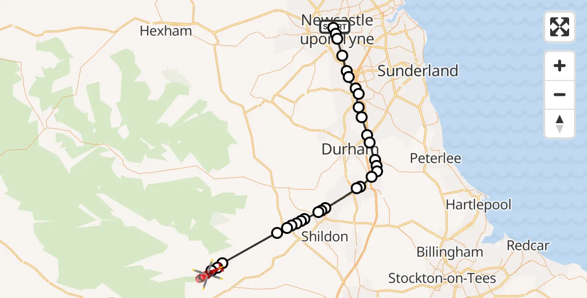 Flight route Air Ambulance Helicopter Newcastle Royal Victoria Infirmary - Cotherstone, 04 September 2026, 17:34