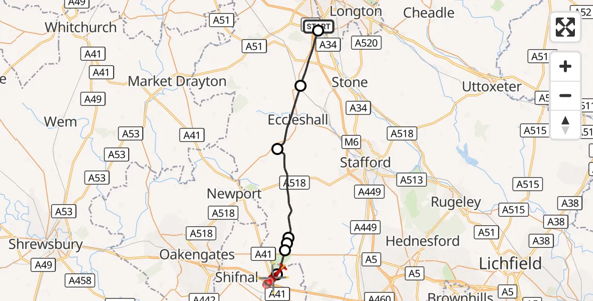 Flight route Air Ambulance Helicopter Stafford - Tong, 04 September 2026, 17:54