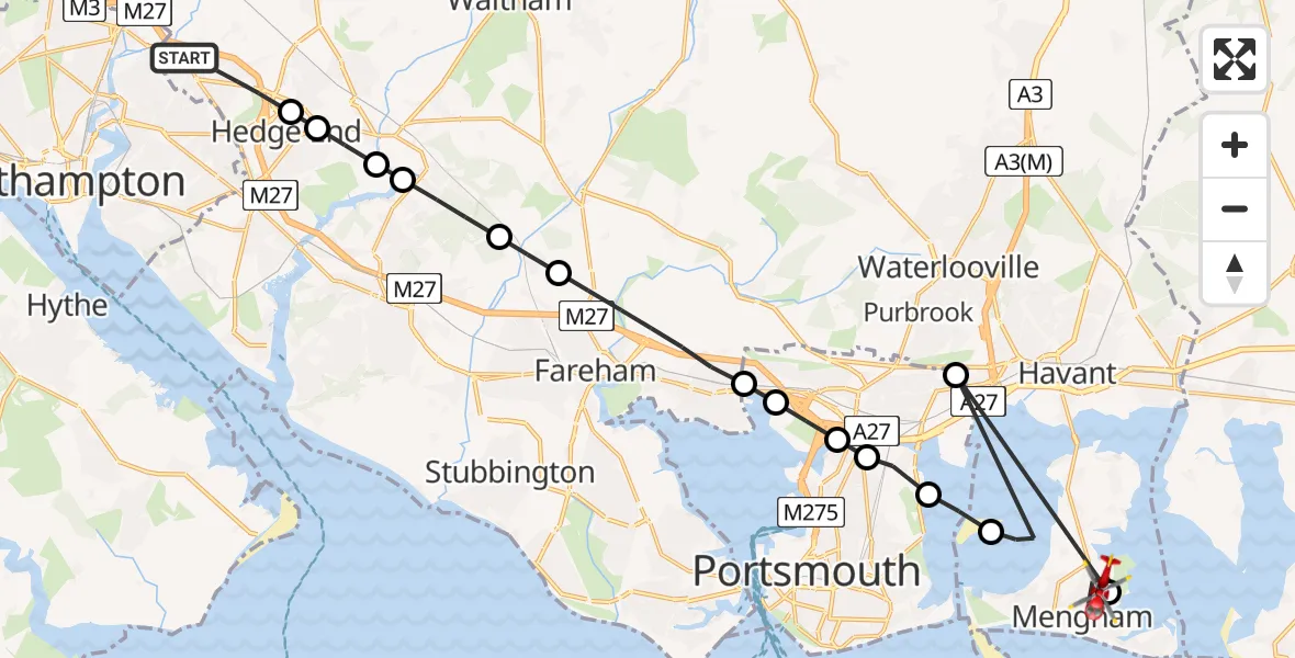 Flight route Air Ambulance Helicopter Eastleigh - Mengham, 04 September 2026, 17:57