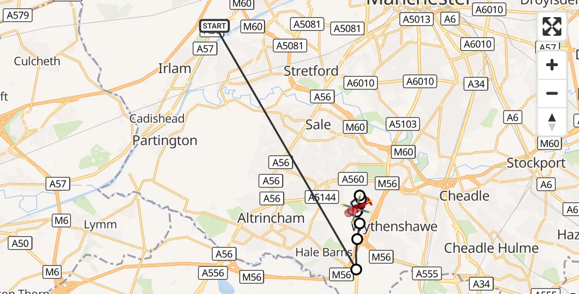Flight route Air Ambulance Helicopter Manchester Barton Aerodrome - Wythenshawe, 04 September 2026, 18:07