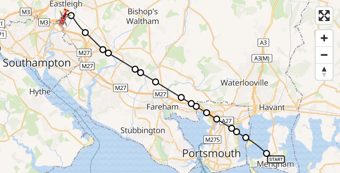 Flight route Air Ambulance Helicopter Mengham - Southampton Airport, 04 September 2026, 18:12