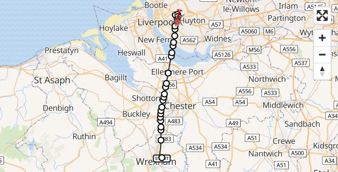Flight route Air Ambulance Helicopter Rhosnesni - Knotty Ash, 04 September 2026, 18:15