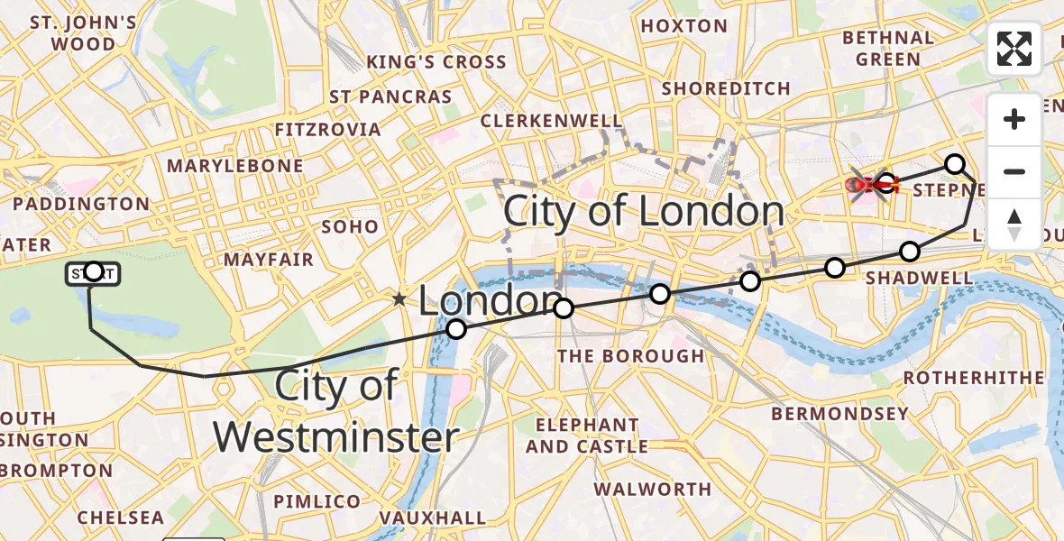 Flight route Air Ambulance Helicopter City of Westminster - Royal London Hospital, 04 September 2026, 18:16