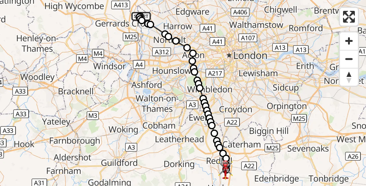 Flight route Air Ambulance Helicopter Harefield Hospital - Redhill Aerodrome, 04 September 2026, 18:22
