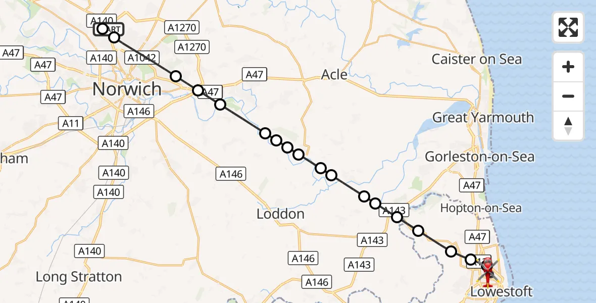 Flight route Air Ambulance Helicopter Norwich Airport - Lowestoft, 04 September 2026, 18:41