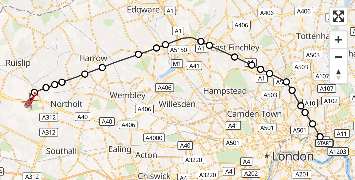 Flight route Air Ambulance Helicopter Royal London Hospital - RAF Northolt, 04 September 2026, 18:47