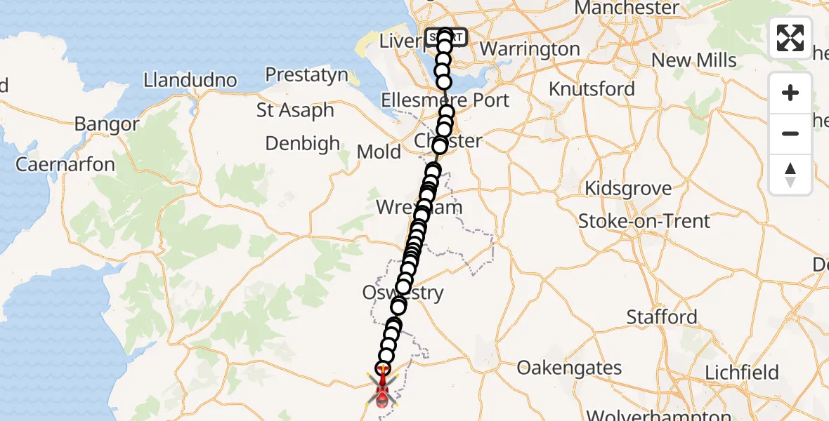 Flight route Air Ambulance Helicopter Knotty Ash - Welshpool, 04 September 2026, 18:49