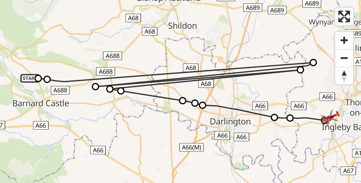 Flight route Air Ambulance Helicopter Eggleston - Eaglescliffe, 04 September 2026, 18:53