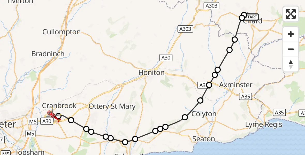 Flight route Air Ambulance Helicopter Chard - Exeter International Airport, 04 September 2026, 18:59