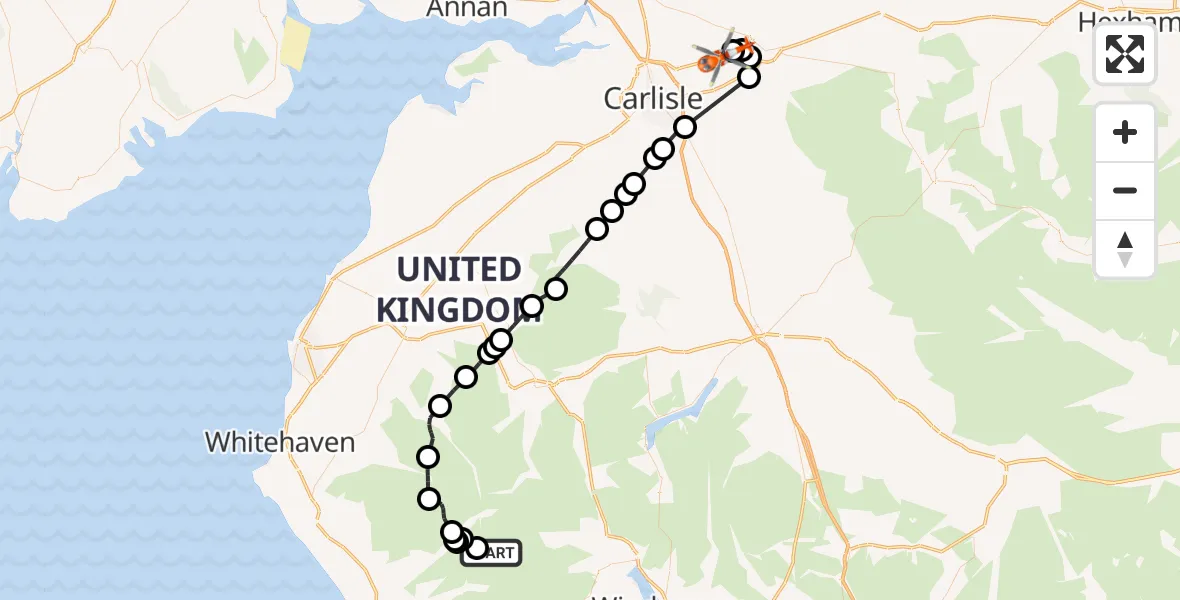 Flight route Coastguard Helicopter Eskdale - Carlisle Lake District Airport, 04 September 2026, 19:07
